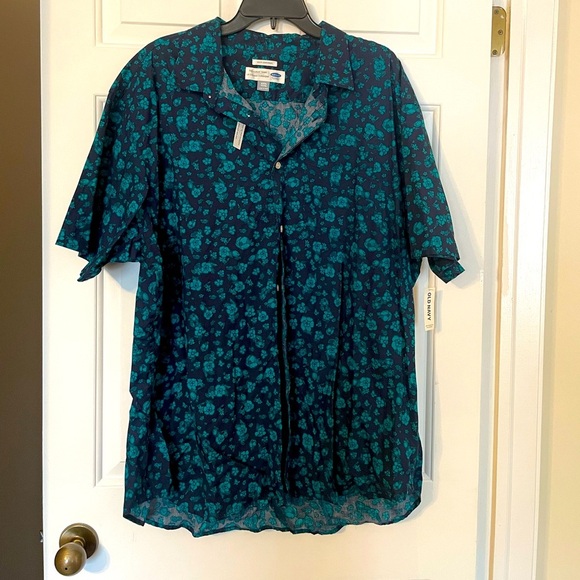 Old Navy Men’s XXXL Hawaiian Shirt NWT Navy Teal Short Sleeve Soft Wash Buttons - Picture 1 of 6